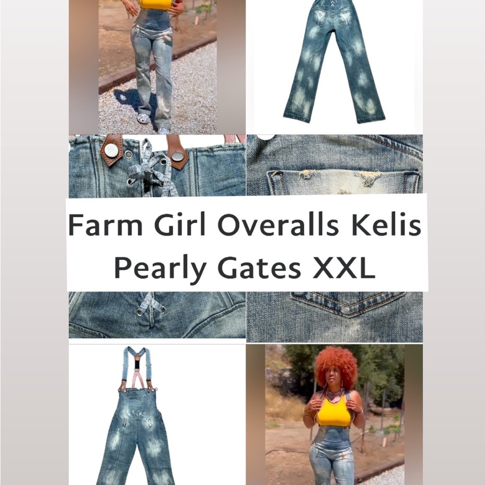 Farm Girl Kelis Pearly Gates Distressed Blue Denim Overalls